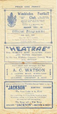 Wimbledon FC (Reserve Team) - London Caledonians (Reserve Team) 1931/32 16/04/1932 Isthmian League