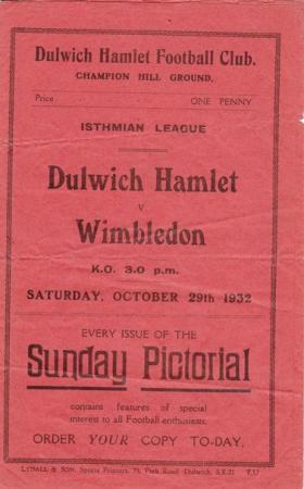 Dulwich Hamlet - Wimbledon FC 1932/33 29/10/1932 Isthmian League