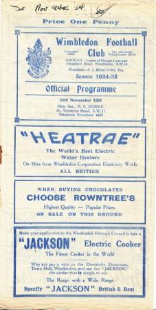 Wimbledon Fc - Leyton 1934/35 24/11/1934 Fa Cup (1st Round)