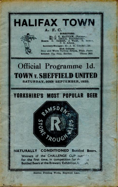 1939/40 Halifax Town V Sheffield United (friendly)