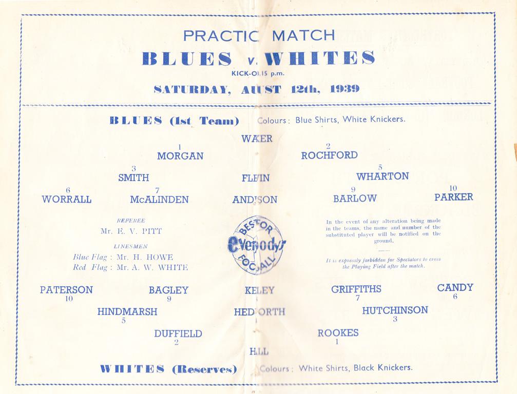 Trial Match 12th Aug 1939