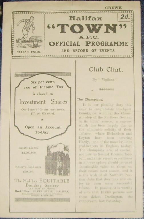 1921/22 Halifax Town V Crewe Alex