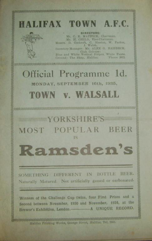 1935/36 Halifax Town V Walsall