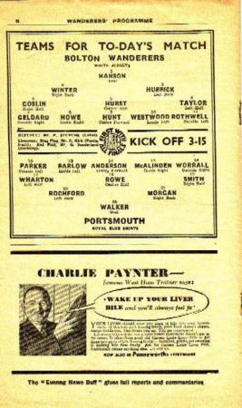 1939.40 Bolton V Pompey, Last Match Before The War, Team Page.